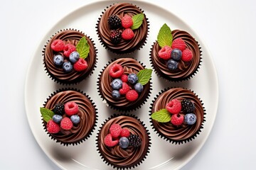 White table with top view of chocolate cupcakes topped with berries is delicious