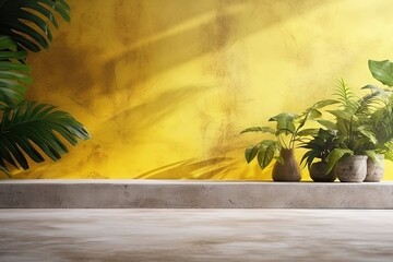 Yellow leaves create a light overlay on a cement backdrop in a studio room with a podium plant