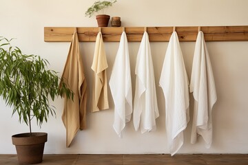 You will find a row of natural muslin kitchen towels gracefully displayed on a unique wooden hanger These kitchen textiles are made from natural soft breathable materials and bring a - obrazy, fototapety, plakaty