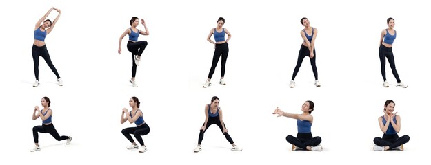 Fototapeta premium Collection of body workout training with stretching and warming up posture for athletic woman in different various exercise posing sequence in full body studio shot on isolated background. Vigorous