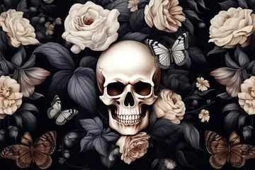 Fototapete Aquarellschädel Vintage skull with flowers on background