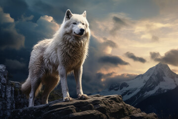 White wolf on top of a mountain