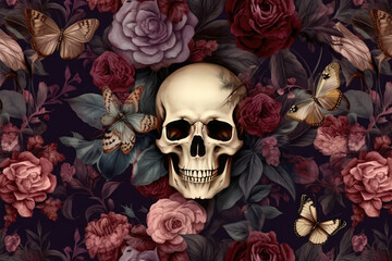 Vintage skull with flowers on background