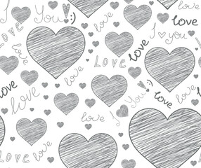 Valentine decorative vector seamless pattern with chalk drawn hearts and the words of love on a white sheet of paper