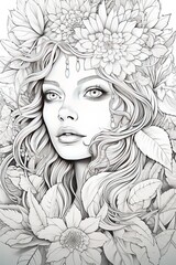 portrait of a woman with flowers, coloring page