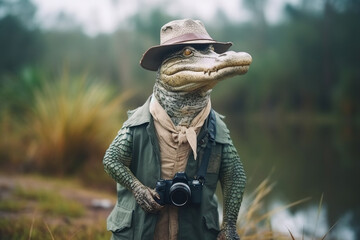 portrait of happy crocodile wearing travel clothes on vacation - obrazy, fototapety, plakaty
