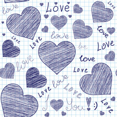 Beautiful Valentine vector seamless pattern with hearts heandwritten on grid copybook paper