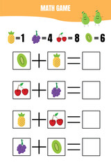 Educational math game for children. Addition worksheet for preschool or elementary kids. Learning math.