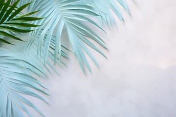  The scene evokes a summer tropical beach ambiance, with a minimalistic aesthetic. The image is captured from a top-down perspective, showcasing pastel-colored palm leaves and a natural setting.