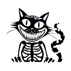 Cartoon cat skeleton with a grin, black silhouette on a transparent background