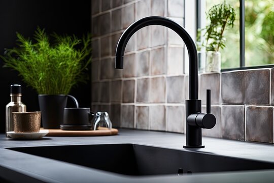A black gooseneck tap is the focal point in a monochrome kitchen.