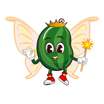 recommend clip art: Vector mascot, cartoon and illustration of a cute watermelon fruit fairy with butterfly wings crowned and carrying a magic wand