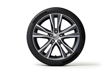 Fototapeta premium A brand-new car wheel photographed separately against a white background.