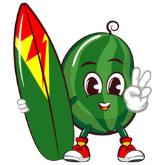 Vector mascot, cartoon and illustration of a cute watermelon giving a peace sign with his finger while carrying a surfboard