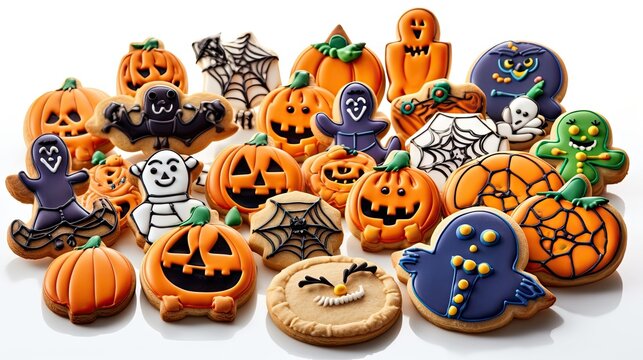some decorated halloween cookies on a white surface with pumpkins, ghosts and bats in the top right corner is an image of a