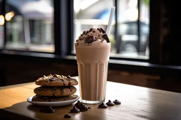  A close-up image of a chocolate smoothie, commonly known as a milkshake, garnished with cookies placed on a rustic wooden table in a coffee shop. © The Big L