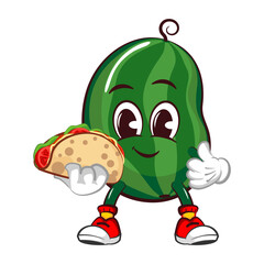 Vector mascot, cartoon and illustration of a cute watermelon fruit is bringing a delicious taco with a thumbs up