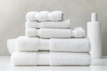 A collection of white terrycloth towels neatly stacked against a white backdrop soft bath towels elegantly folded a pile of white cotton towels placed on a white surface