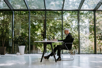 Side view of mature man in formalwear using computer while working in the modern office