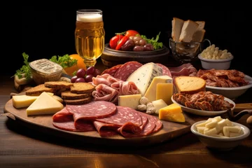 Tuinposter A delectable lunch consisting of a platter featuring an array of different cheeses flavorsome spicy sausage and ham accompanied by a refreshing cold beer and freshly baked bread all © The Big L