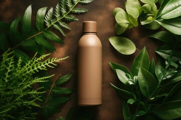 A flat lay composition showcasing a bottle mockup placed amidst greenery on a brown background, creating a tranquil natural spa theme.