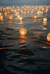 paper lanterns floating in the water at night, with lights reflecting on the surface and dark blue sky above them