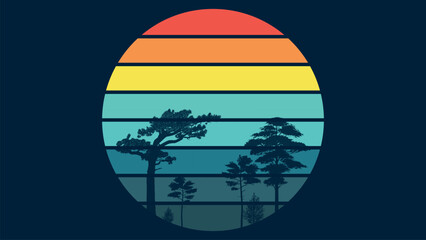 Sun 80s in retro style. Retro sunset collection. Retrowave striped circles with forest and trees