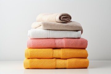 Obraz na płótnie Canvas A grouping of fresh towels positioned separately against a plain white background