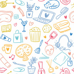 Vector pattern from a collection of elements of self-care, time for yourself, time of beauty and relaxation.	
