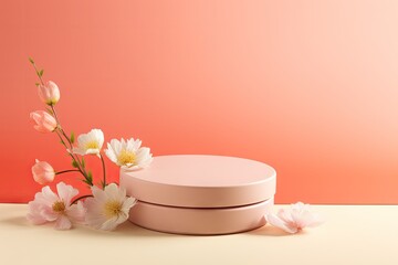 A minimalistic background in trendy pink coral pastel with soft shadows and spring flowers sets the scene 