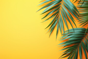 Fototapeta na wymiar A minimalistic summer-themed illustration with vibrant tropical palm leaves placed on a bright background in a flat lay style.