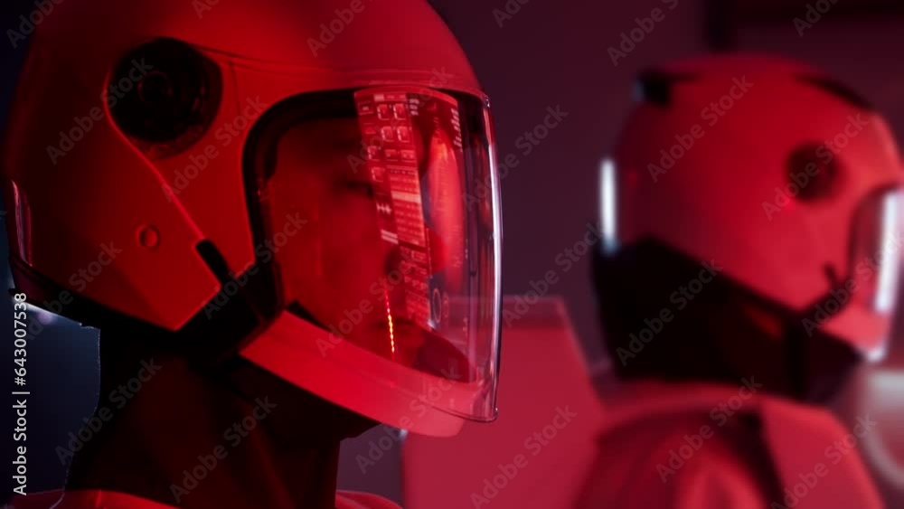 Wall mural team of astronauts in a space suits aboard the mars station. a crew of cosmonauts piloting the space