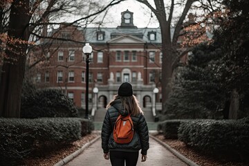 a woman walking down the street in front of an old brick building with her back to the camera she is wearing a backpack