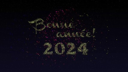 Bonne Annee (Happy New Year) 2024 - Fireworks  animation on a starry sky black background - Golden 2024. French Happy new year greetings on New Year's Eve 