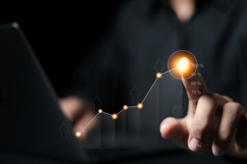 Businessman analyzing growth sales data graph on modern interface icons. digital online marketing...