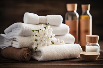 Obraz na płótnie Canvas A spa and wellness environment adorned with beautiful flowers and neatly arranged towels offering natural products for a serene day spa experience