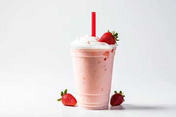 Tuinposter A strawberry and cream flavored drink, such as a frappuccino, latte, or milkshake, served in a to-go cup against a white backdrop. © The Big L