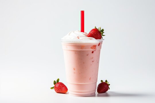 A strawberry and cream flavored drink, such as a frappuccino, latte, or milkshake, served in a to-go cup against a white backdrop.