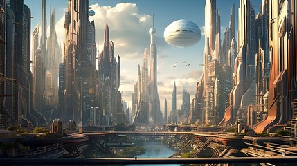 Fototapeta premium a futuristic city with lots of tall buildings in the distance, and an alien spaceship flying over it's head