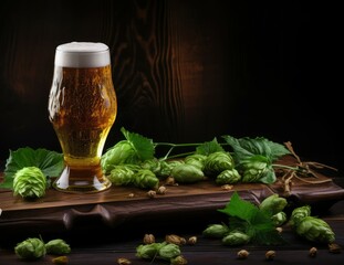 A vintage wooden board displaying a glass of beer adorned with hops.