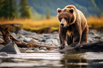 Brown bear grizzly at the watering hole - obrazy, fototapety, plakaty