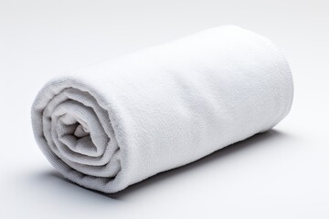 A white background showcases a soft towel made of terry cloth rolled up neatly
