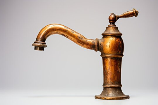 A vintage faucet made from old, gold-colored copper metal, with an antique appearance, showcased on a white background.