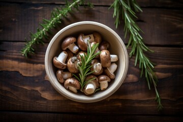 Above view of rustic wooden background with baby bella mushrooms and fresh rosemary emphasizing plant based cuisine