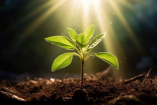A youthful plant flourishing under the rays of the sun, reflecting the idea of the environment and ecology, serving as sources for the advancement of renewable and sustainable development.