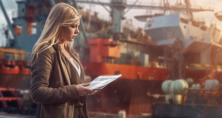 Fototapeta premium Double Exposure businesswoman planning logistic on smart phone. Businesswoman planning about shipping on tablet in front of cargo port. Generative AI.