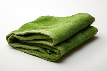 An older green towel is depicted alone on a white backdrop