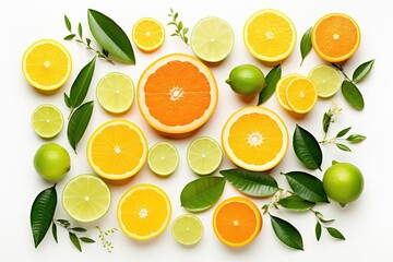 Arrangement of assorted citrus fruits displayed on a white background in a flat lay style.