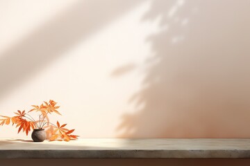 Autumn studio room with blank wall shadow leaves and sun light from window Abstract orange pattern cement mockup empty table with white effect reflectio