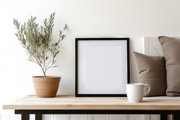 Fototapeta premium Black picture frame mockup on vintage bench with coffee and books Olive tree White wall Scandinavian interior Selective focus
